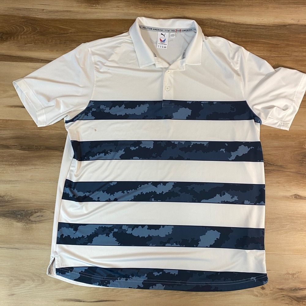 Puma Golf Polo Large Volition America Camo Stripe Performance White Blue Shirt
